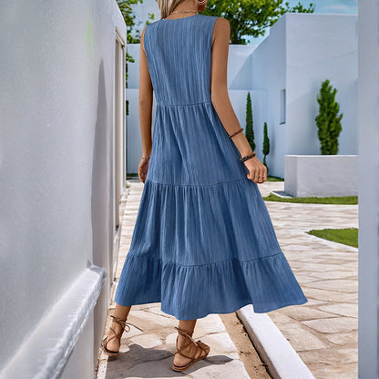 Susan – Faltenfreies, einfarbiges, ärmelloses Kleid mit Stehkragen