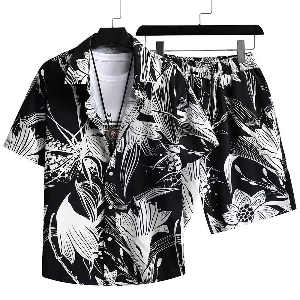 Herren Sommer Freizeit Zweiteiler mit Abstraktem Print – Modisches Kurzarmhemd & Shorts Set für Urlaub und Alltag