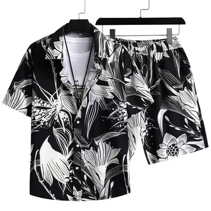 Herren Sommer Freizeit Zweiteiler mit Abstraktem Print – Modisches Kurzarmhemd & Shorts Set für Urlaub und Alltag
