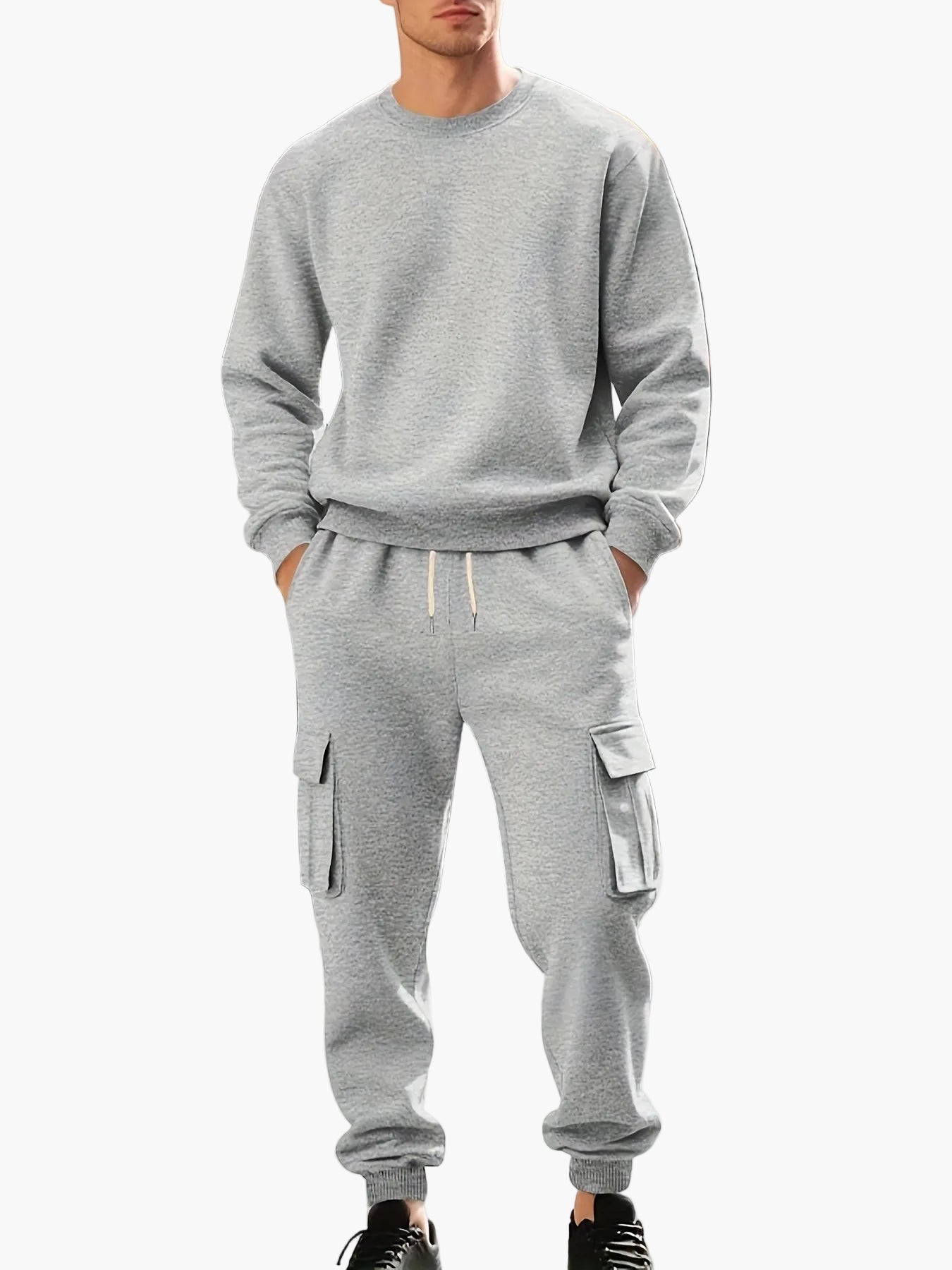 Men's Casual Sports Suit Set, Sweatshirt and Cargo Jogging Pants, Relaxed Style