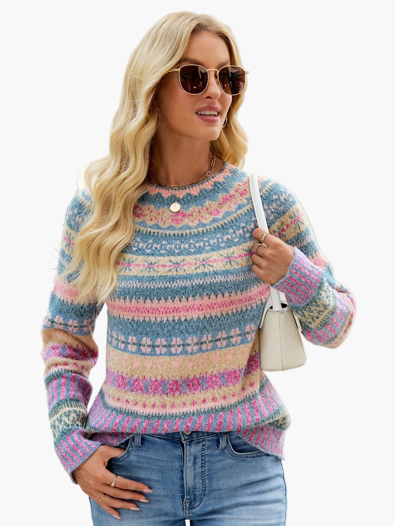 Damen Strickpullover im Norwegerstil – Eleganter Winterpullover mit Muster für Alltag und Freizeit