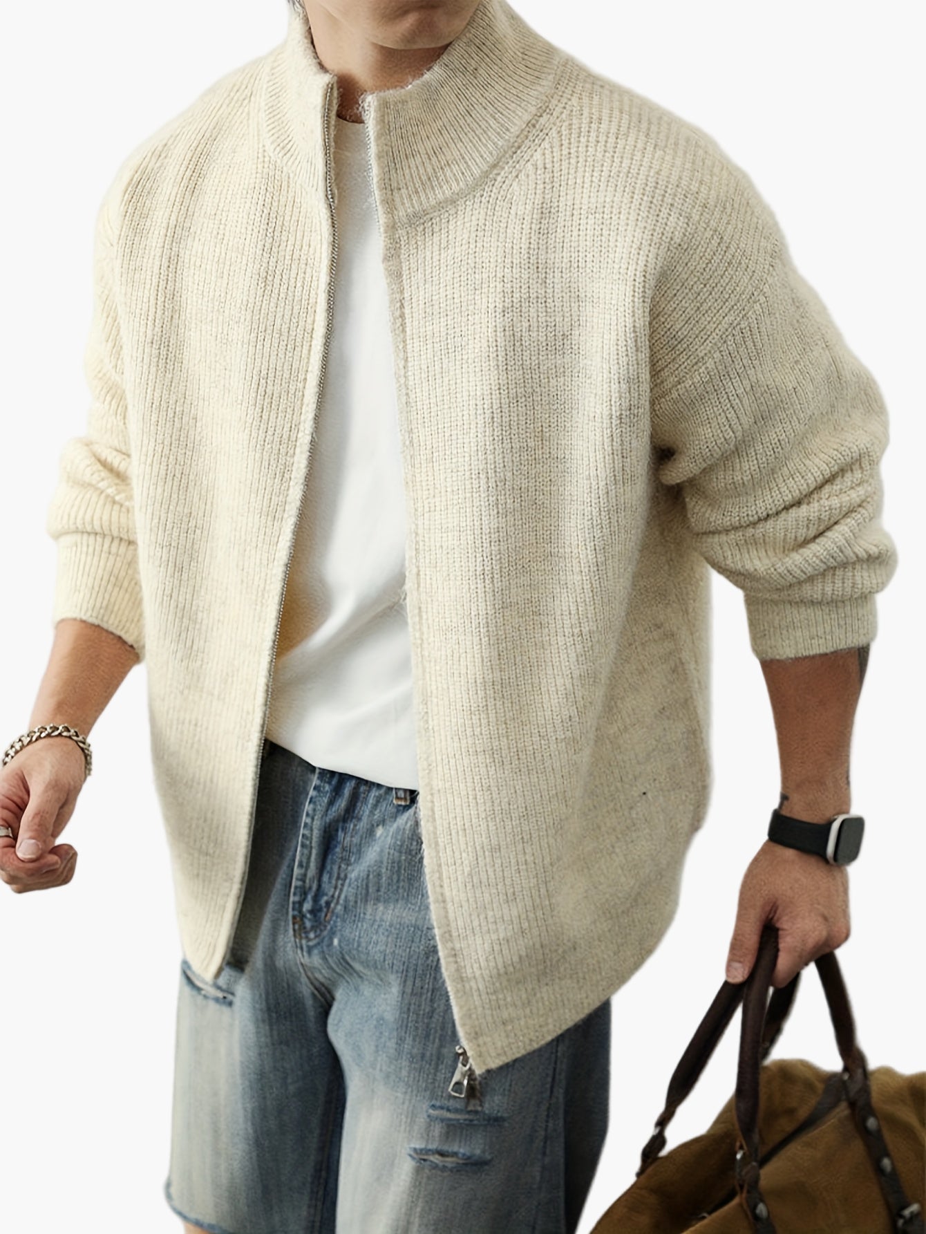 Men's Stand Collar Cardigan with Zipper – Casual Style for Everyday and Leisure