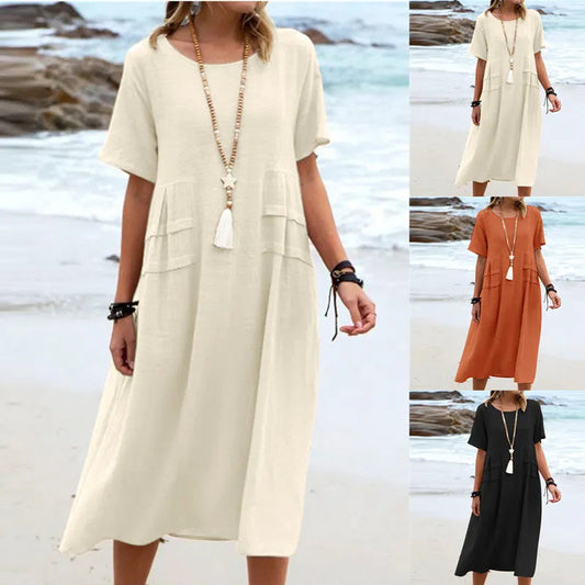 Sue – Lässiges Midi-Kleid aus atmungsaktiver Baumwolle und Leinen für den Sommer