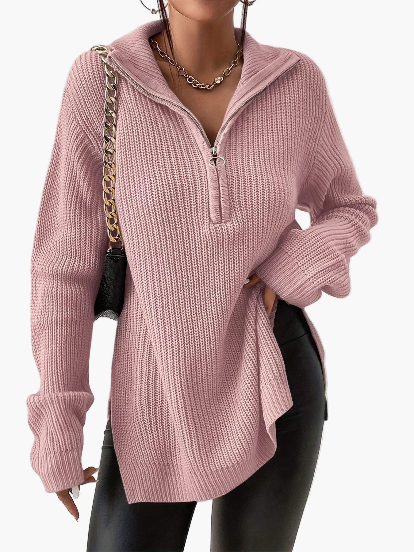 Damen Strickpullover mit Reißverschluss und hohem Kragen – Modischer Oversize-Pullover für Herbst und Winter