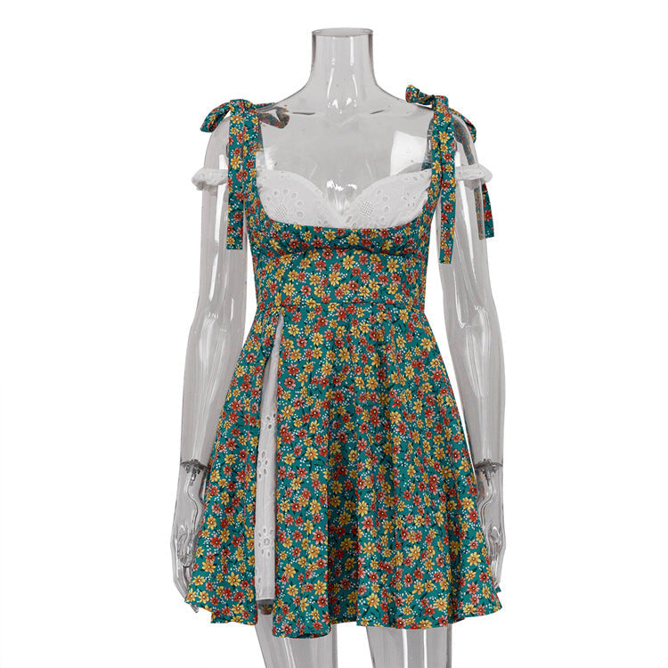 Sharon – Sexy Patchwork Träger Floral Split Kleid