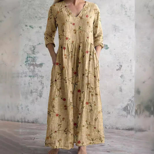 Women's Vintage Boho Maxi Dress with Floral Pattern and 3/4 Sleeves – Casual Everyday Dress with V-Neck and Pockets