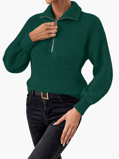 Damen Strickpullover mit Reißverschluss und Ballonärmeln – Eleganter Freizeit-Look