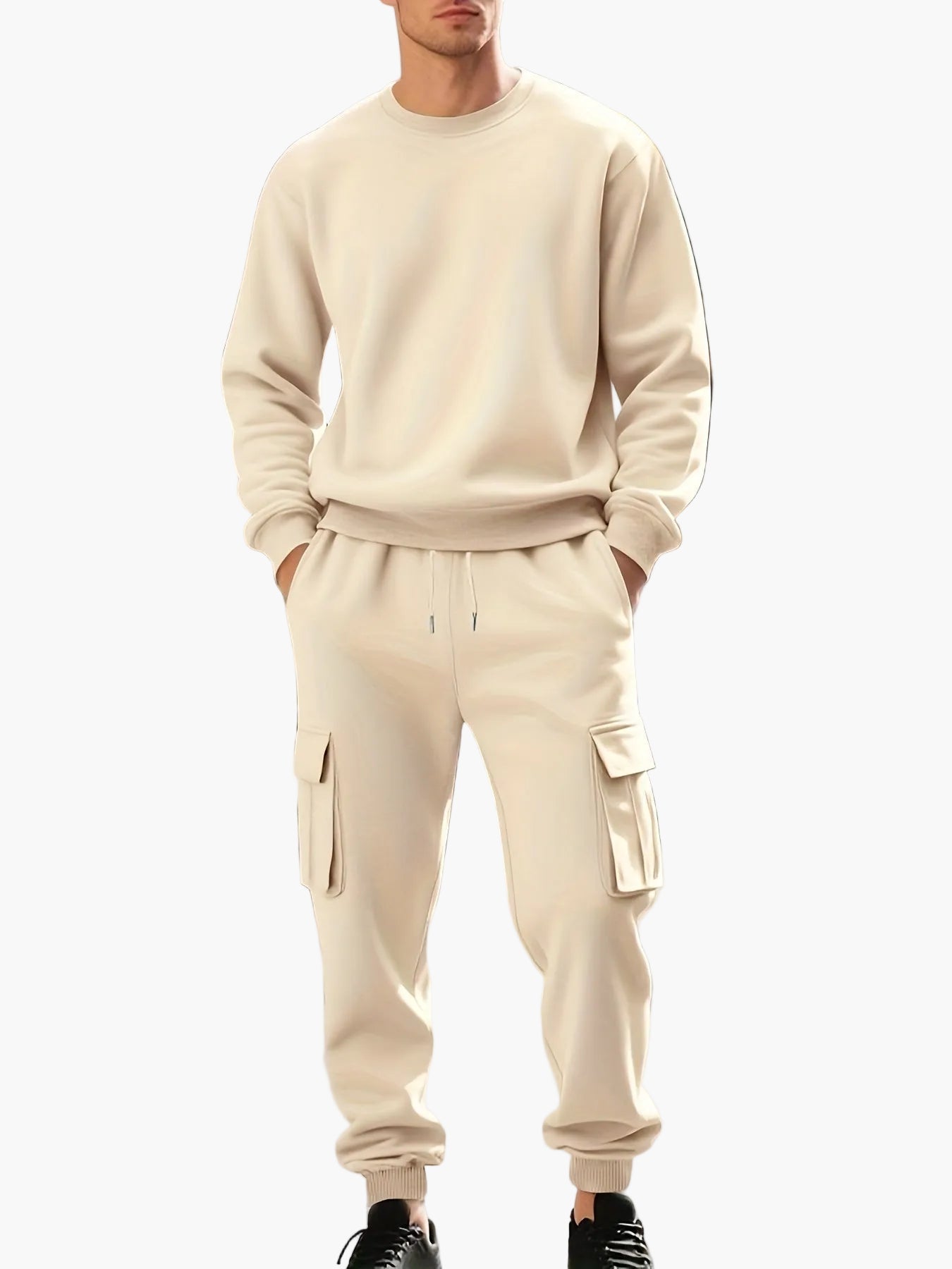 Men's Casual Sports Suit Set, Sweatshirt and Cargo Jogging Pants, Relaxed Style