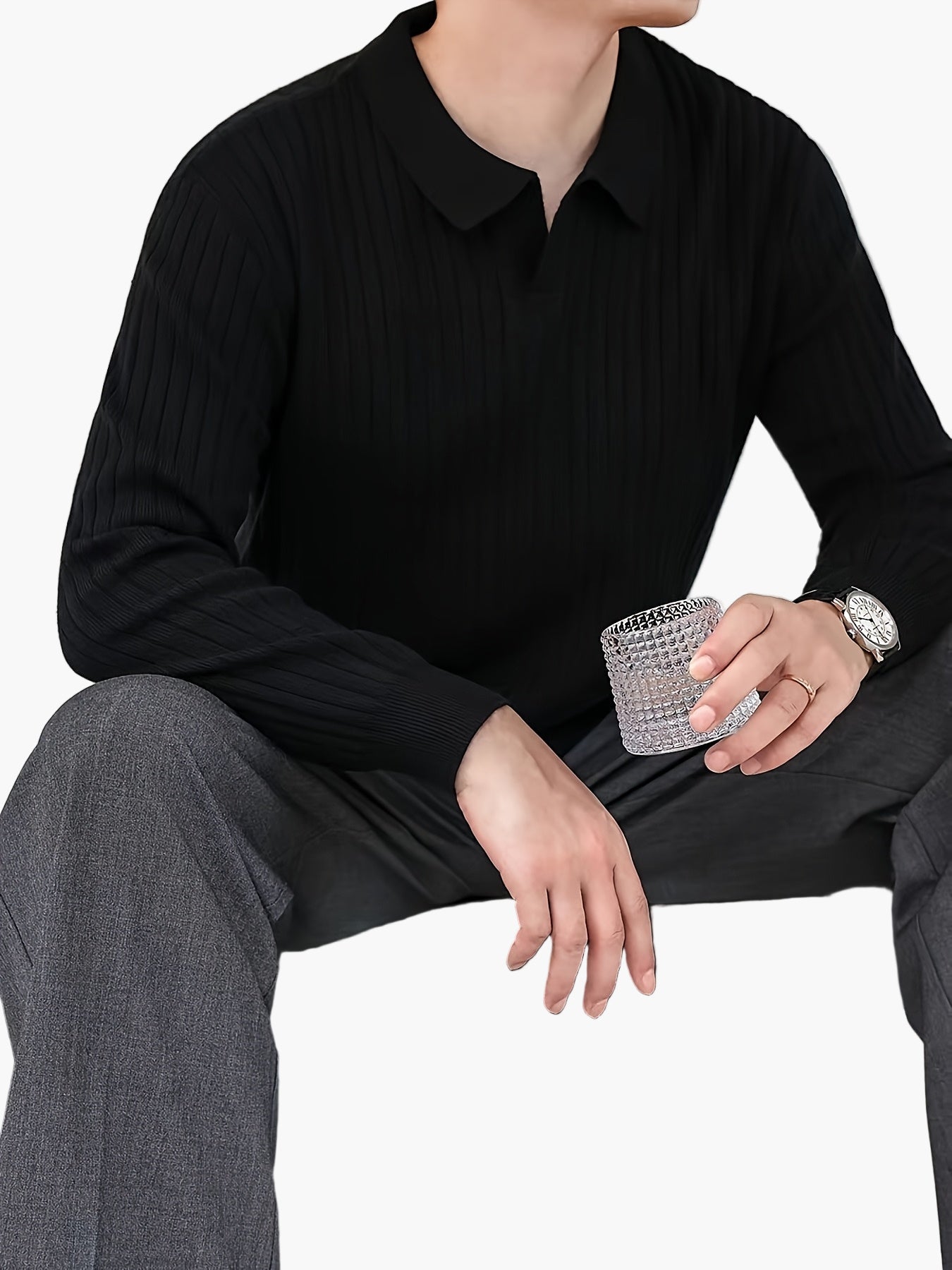 Men's knitted polo shirt with ribbed texture – Elegant casual top for office & everyday use