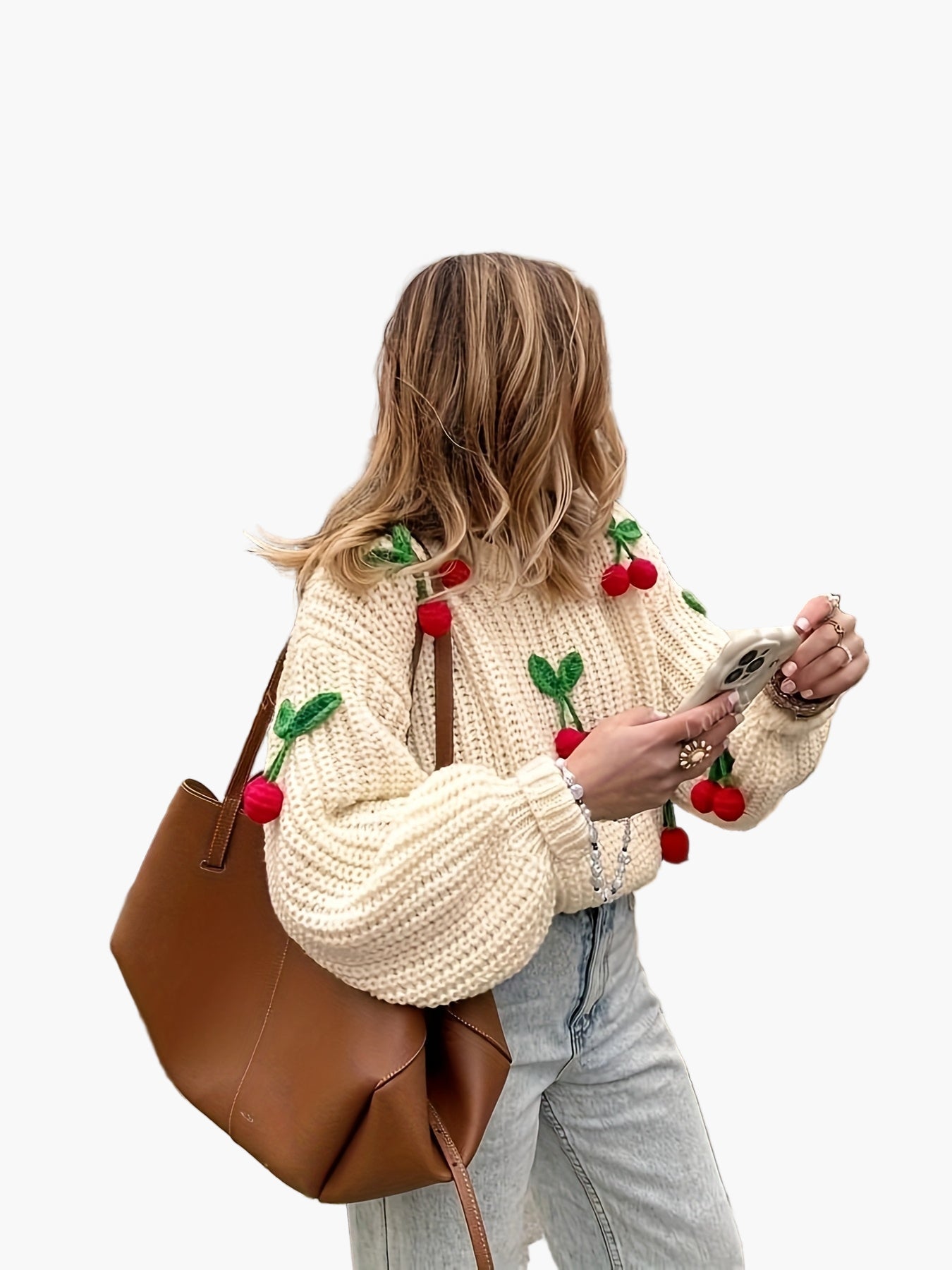 Damen Strickpullover mit Kirschen-Stickerei und Ballonärmeln – Verspielter Herbst/Winter Casual Look