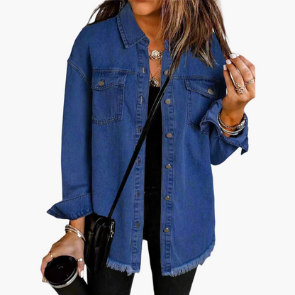 Damen Oversize Jeansjacke Vintage Streetstyle – Lässige Übergangsjacke mit Fransensaum