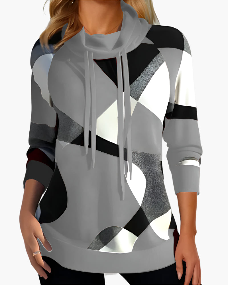 Women's sweater with geometric pattern and drawstring – fashionable casual hoodie for everyday and office use