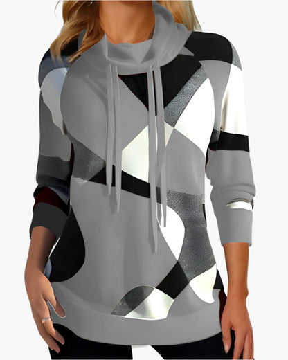 Women's sweater with geometric pattern and drawstring – fashionable casual hoodie for everyday and office use