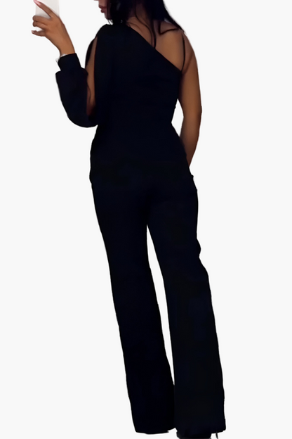 Damen Elegante Einarmige Jumpsuit mit Weitem Bein und Glamour-Einsatz – Perfekt für Abend und Party