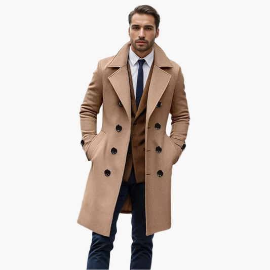 Men's Elegant Business & Leisure Long Coat – Double-Breasted, Modern Design, Stylish Appearance