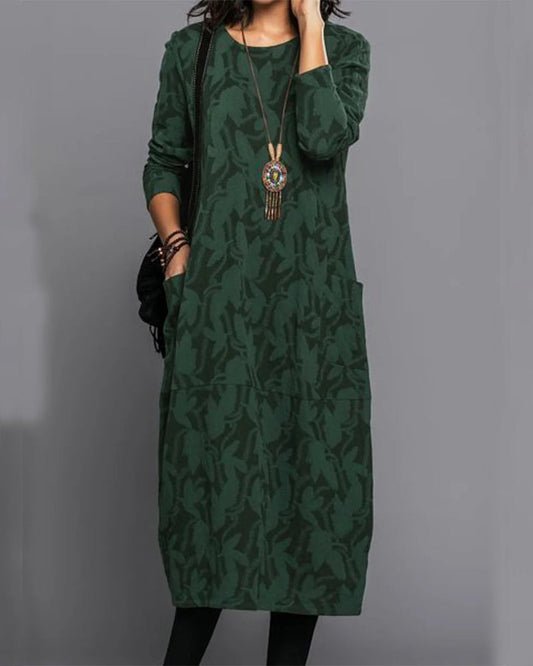 Damen Casual Langarm Midi-Kleid mit Taschen – Eleganter Alltagslook für Herbst und Winter
