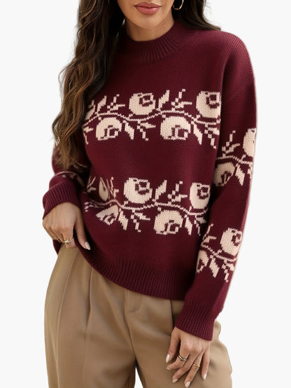 Damen Jacquard Pullover mit Blumenmuster – Eleganter Herbst/Winter Strickpullover