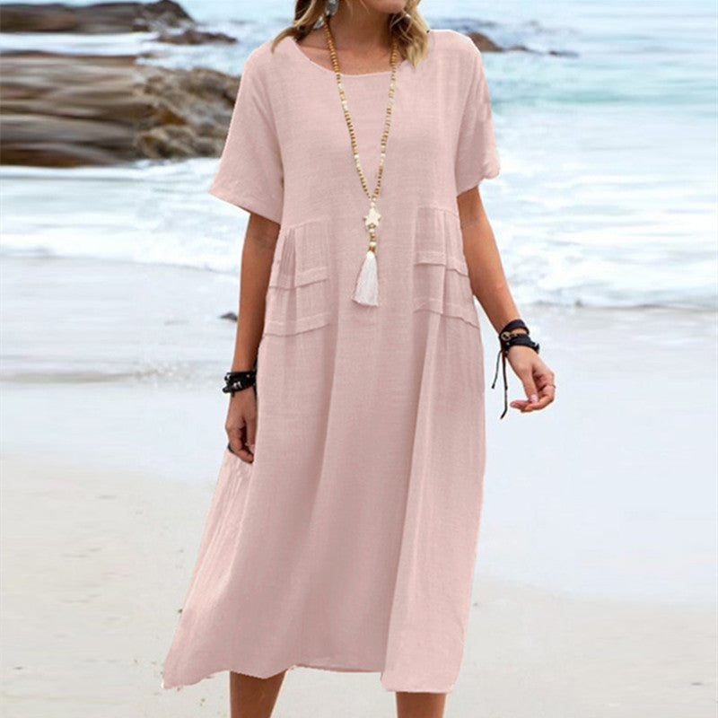 Sue – Lässiges Midi-Kleid aus atmungsaktiver Baumwolle und Leinen für den Sommer