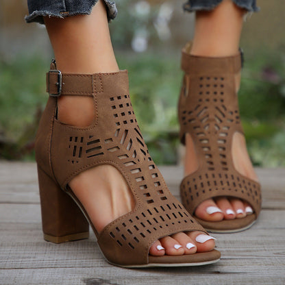 Sara – Hohe quadratische Absatzsandalen mit Back-Zipper-Design für Damen