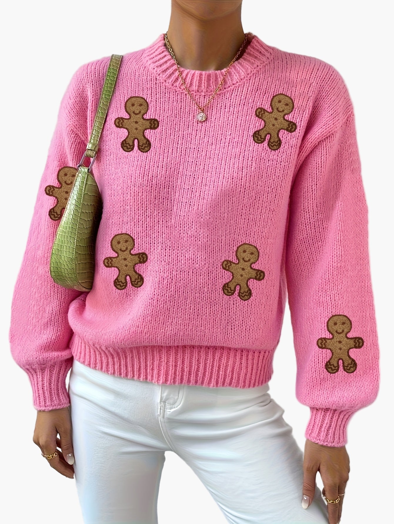 Damen Pullover mit Lebkuchenmann-Motiv – Verspielter Strickpulli für Herbst und Winter, modisches Highlight