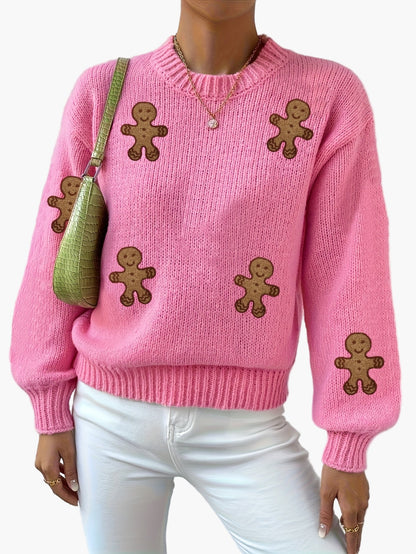 Damen Pullover mit Lebkuchenmann-Motiv – Verspielter Strickpulli für Herbst und Winter, modisches Highlight