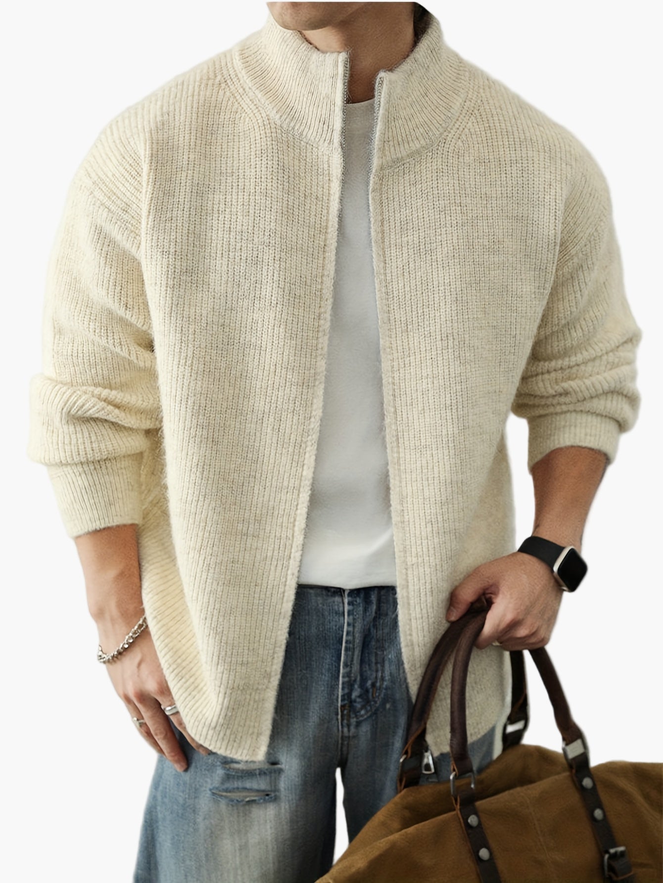 Men's Stand Collar Cardigan with Zipper – Casual Style for Everyday and Leisure