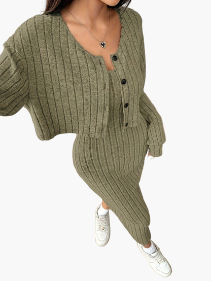 Women's Knit Two-Piece Set Elegant with Button Placket – Cardigan and Midi Dress, Perfect for Everyday and Office