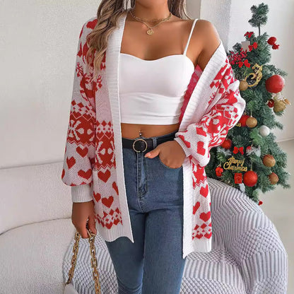 Katie – Offene Strickjacke mit Laternenärmeln und Weihnachtsmotiv