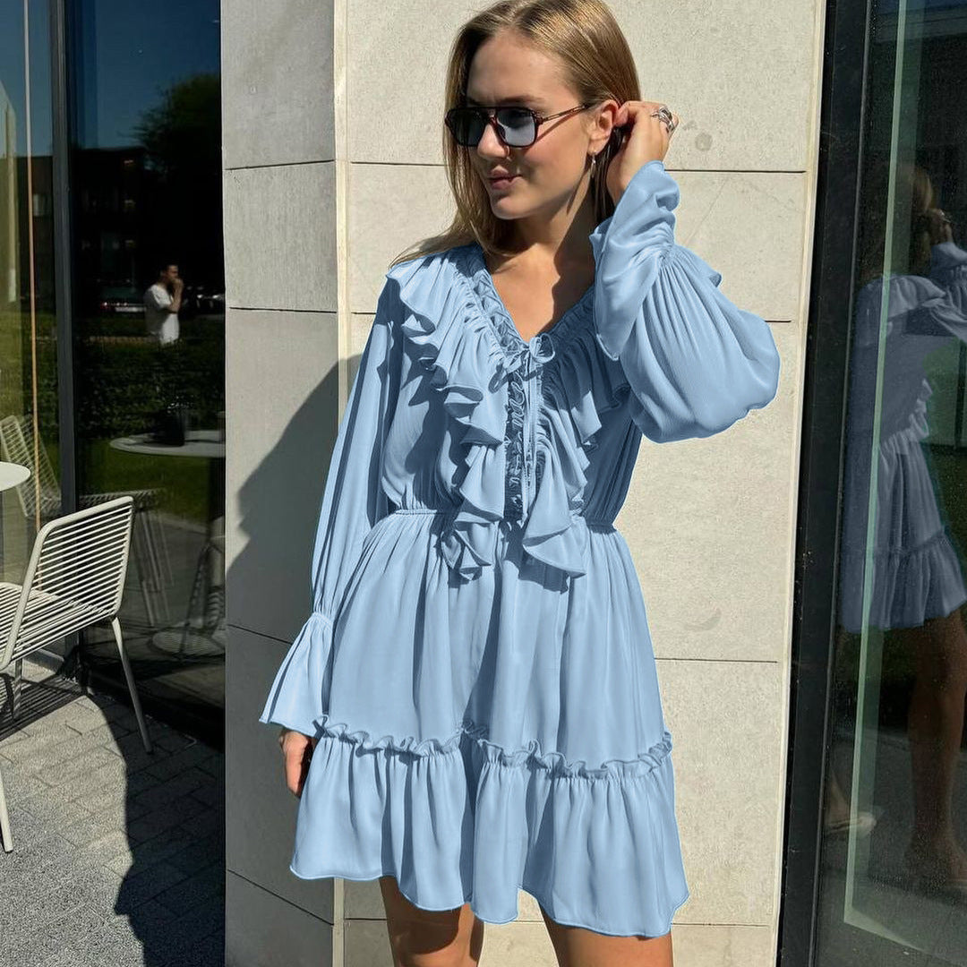 Margaret – V-Ausschnitt Falten Rüschenshirt mit langen Ärmeln