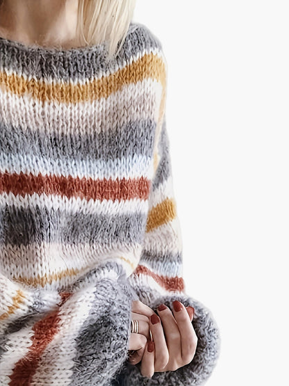 Damen Strickpullover im lässigen Oversize-Stil mit Streifen – Perfekt für Herbst und Winter