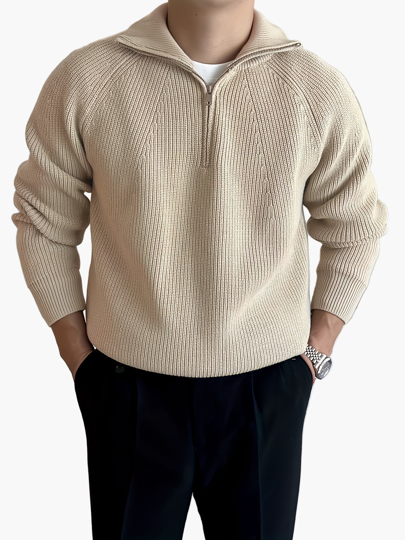Men's knitted sweater with zipper and stand-up collar – modern casual design for autumn and winter