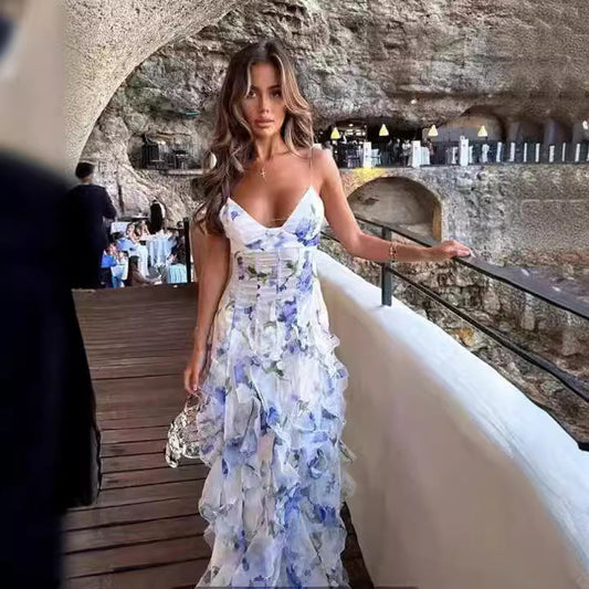 Damen Elegantes Maxikleid mit Blumen und Volants – Perfekt für besondere Anlässe und Abendveranstaltungen