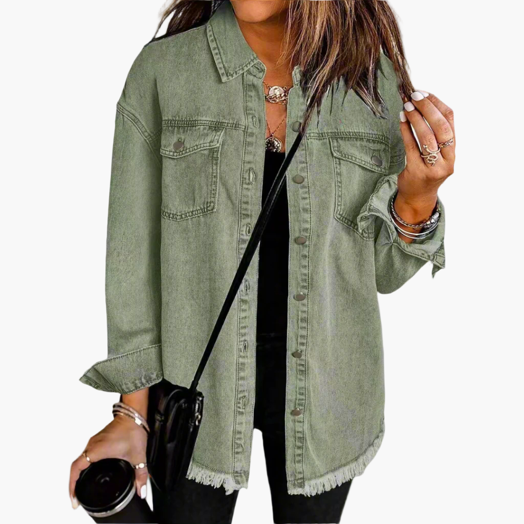 Damen Oversize Jeansjacke Vintage Streetstyle – Lässige Übergangsjacke mit Fransensaum