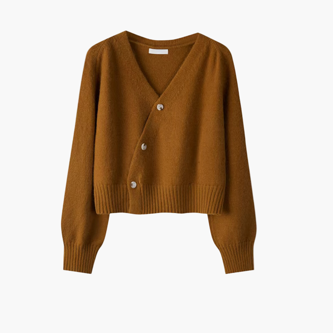 Damen Cardigan mit schräger Knopfleiste und V-Ausschnitt – Modischer Freizeit- und Bürolook