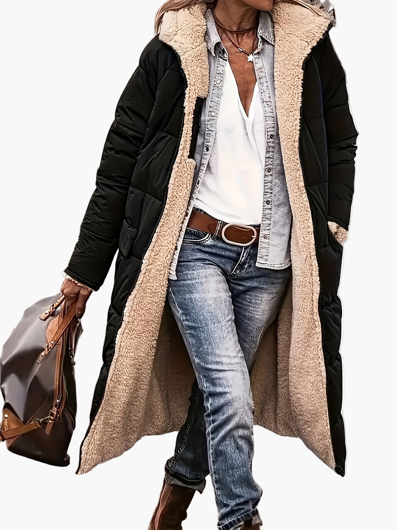 Women's Long Quilted Jacket with Hood and Teddy Lining – Fashionable Winter Coat for Leisure and Travel