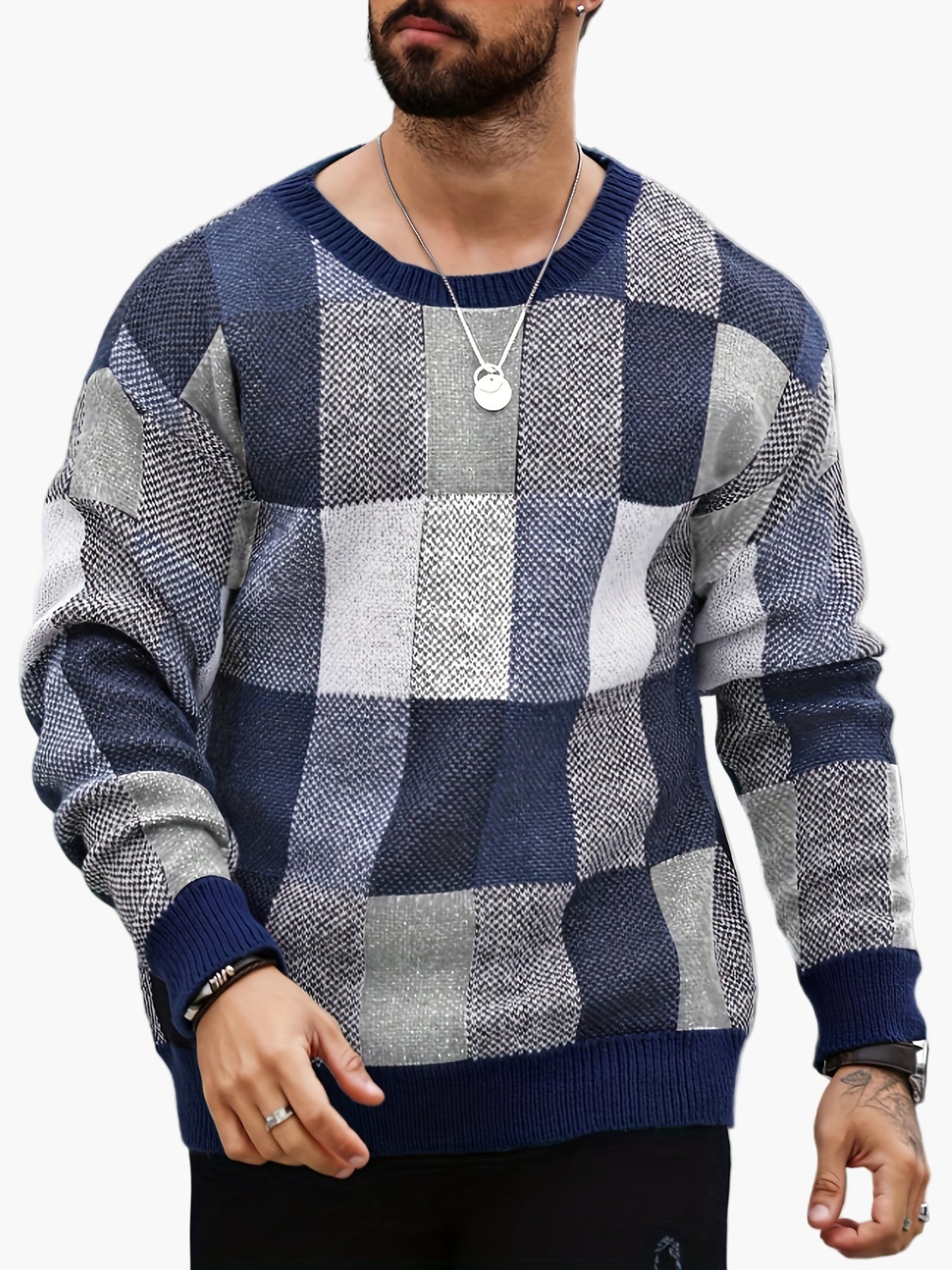 Men's Plaid Knit Sweater in Casual Style for Autumn and Winter