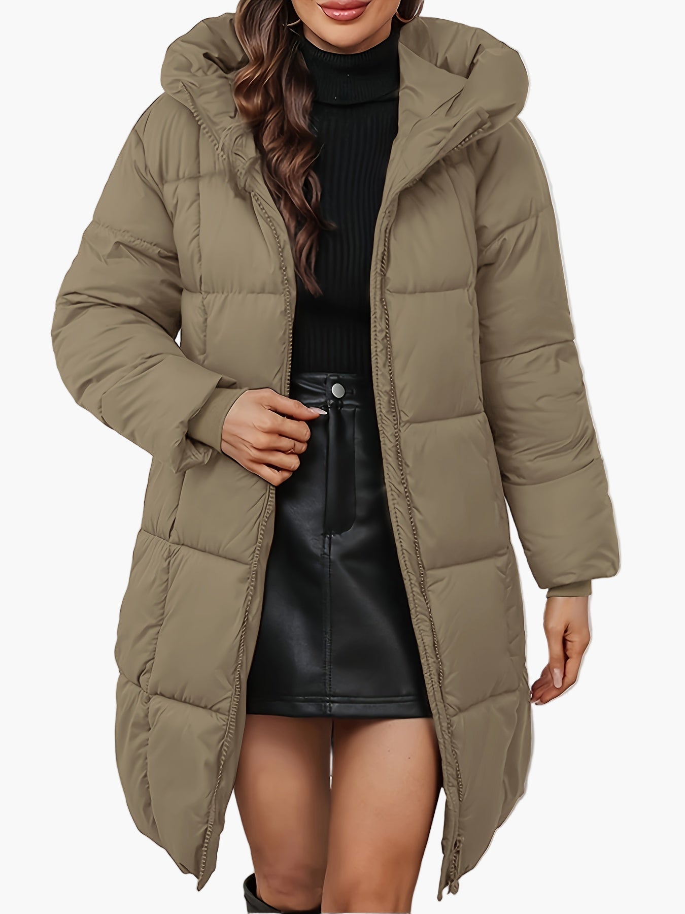Women's winter quilted coat with hood, fashionable long parka for everyday and outdoor use