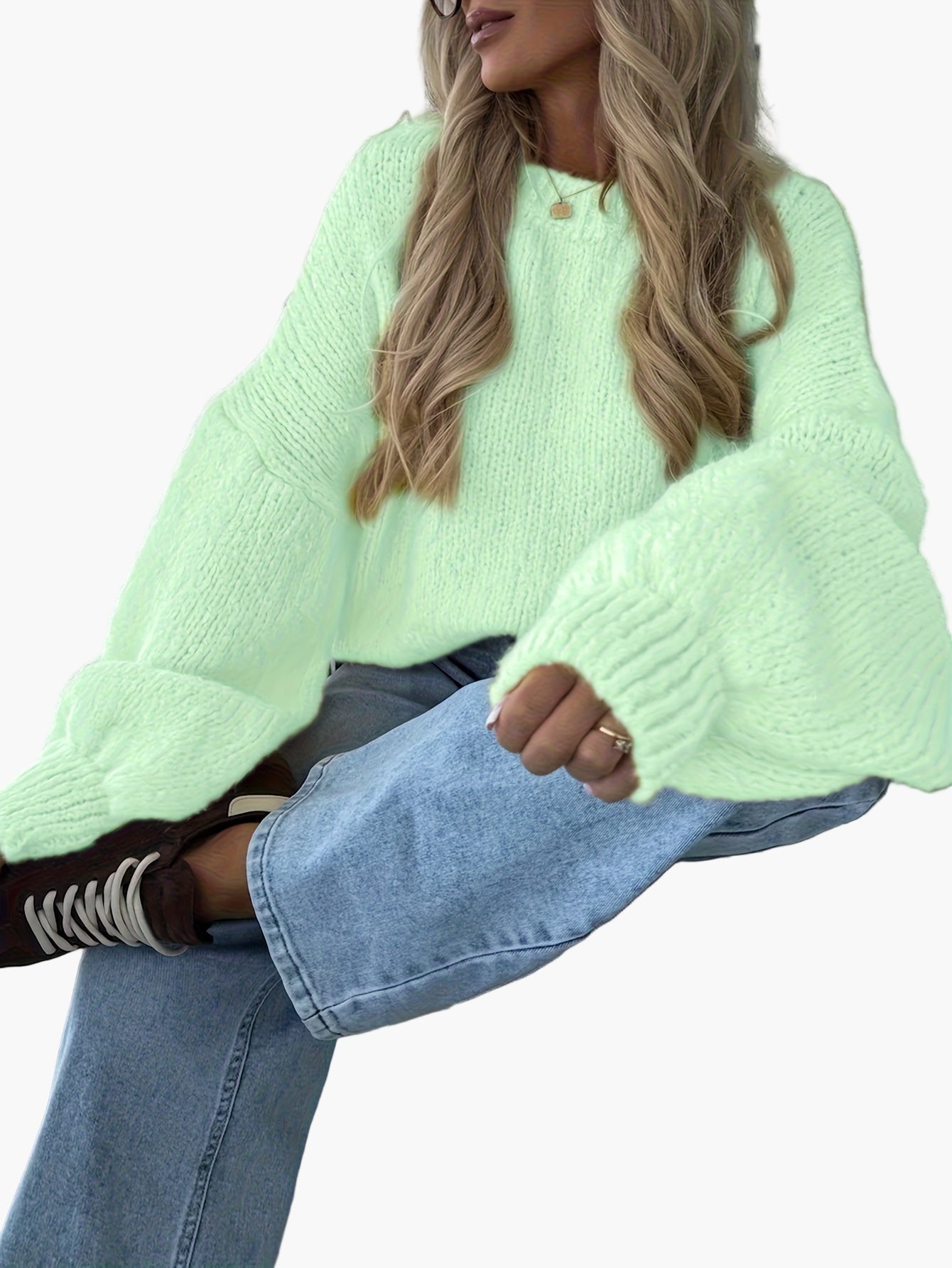 Damen Strickpullover mit Ballonärmeln und lockerem Schnitt – Modischer Freizeitlook für Herbst & Winter