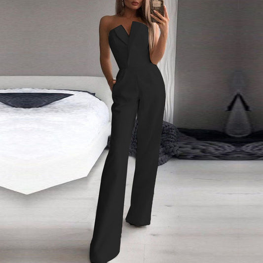 Damen Eleganter Trägerloser Jumpsuit mit Weitem Bein – Stilvoller Overall für Besondere Anlässe und Partys