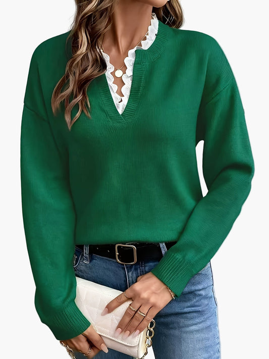 Damen Eleganter Strickpullover mit Spitzenbesatz und V-Ausschnitt – Ideal für Alltag und Büro