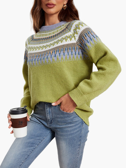 Damen Midirock-Outfit mit Fair-Isle-Strickpullover – Modischer Herbst/Winter-Look für Alltag und Büro