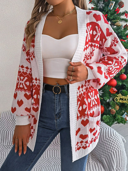 Katie – Offene Strickjacke mit Laternenärmeln und Weihnachtsmotiv