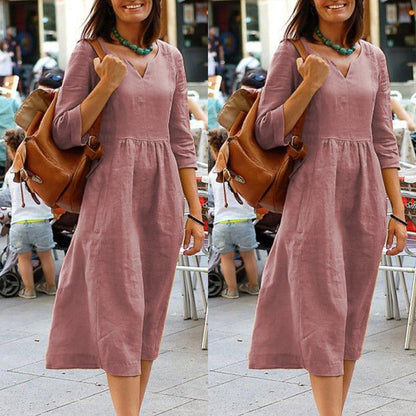 Damen Freizeit Midikleid mit V-Ausschnitt und 3/4-Ärmeln – Lockerer, eleganter Alltagslook