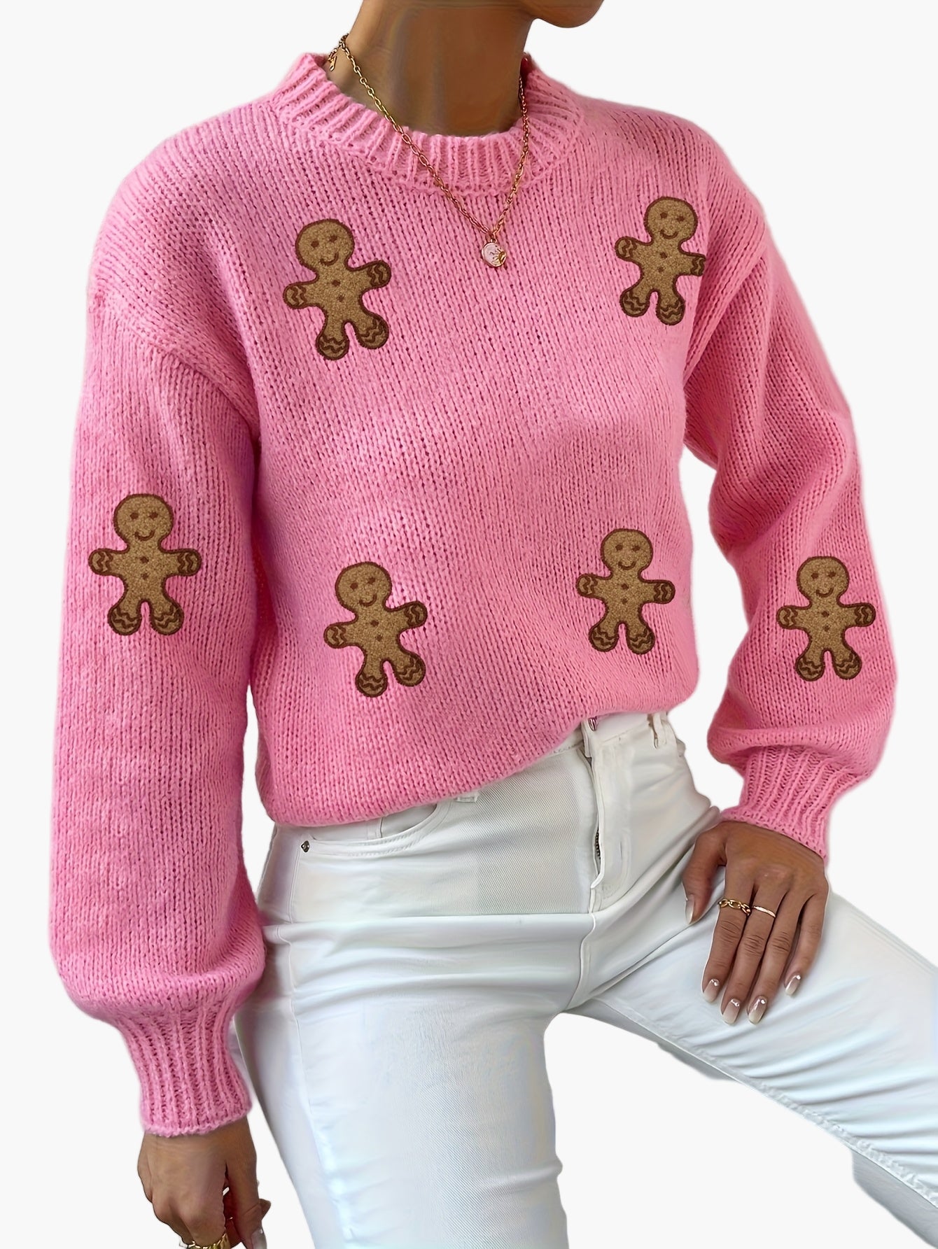 Damen Pullover mit Lebkuchenmann-Motiv – Verspielter Strickpulli für Herbst und Winter, modisches Highlight