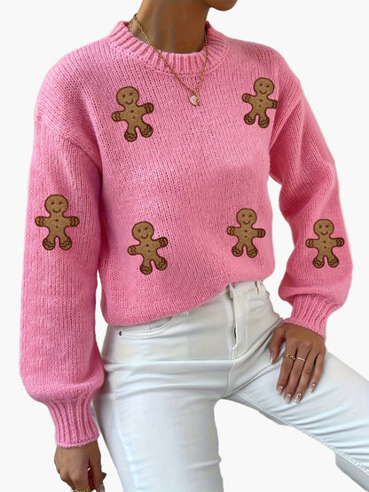 Damen Pullover mit Lebkuchenmann-Motiv – Verspielter Strickpulli für Herbst und Winter, modisches Highlight