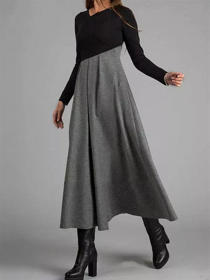 Damen Elegantes Midikleid mit Kontrastnähten und Langarm – Schwingender Schnitt für Büro & Alltag