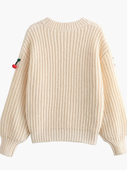 Damen Strickpullover mit Kirschen-Stickerei und Ballonärmeln – Verspielter Herbst/Winter Casual Look