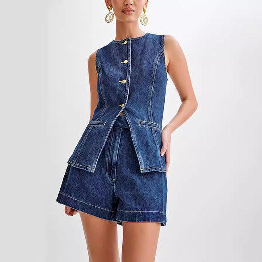 Damen Zweiteiler Jeansweste und High-Waist Shorts Set – Modisches Streetwear Outfit für Freizeit & Sommer