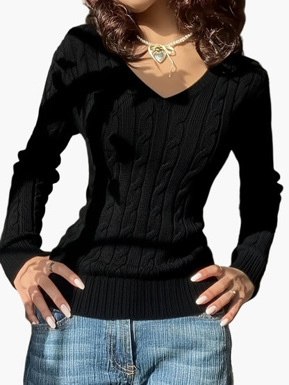 Damen Strickpullover mit Zopfmuster und V-Ausschnitt – Modischer Freizeitpullover für Alltag und Büro