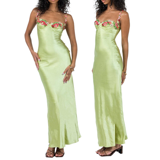 Damen Elegantes Maxikleid mit Stickerei – Satin Slip Dress für festliche Anlässe und Partys